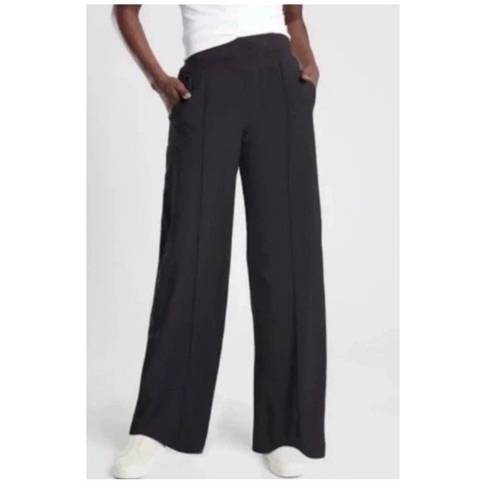 Athleta Nolita Wide Leg Pants Women’s 16 Black Pull On Satin Stripe Stretch